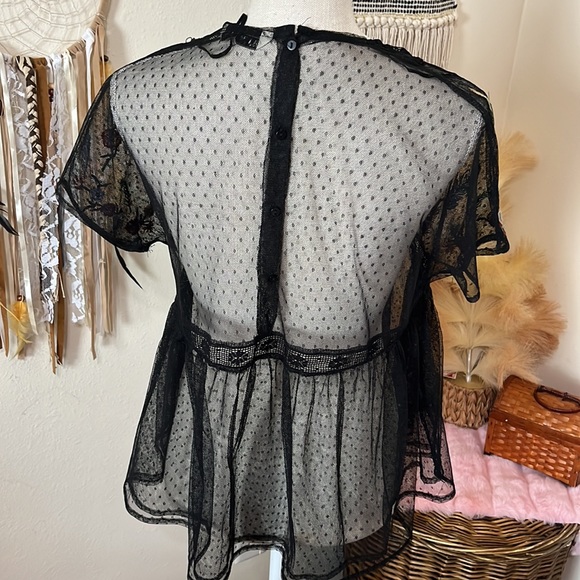 Zara Sheer Mesh Black Ruffled Lace Top/ Size Small - Picture 6 of 7